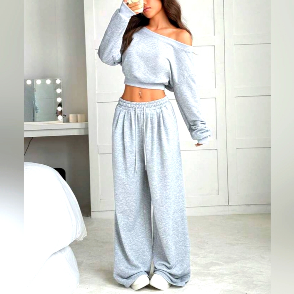 Sexy Off The Shoulder Crop Top & Jogger  Women's Gray 2pc Lounge Set